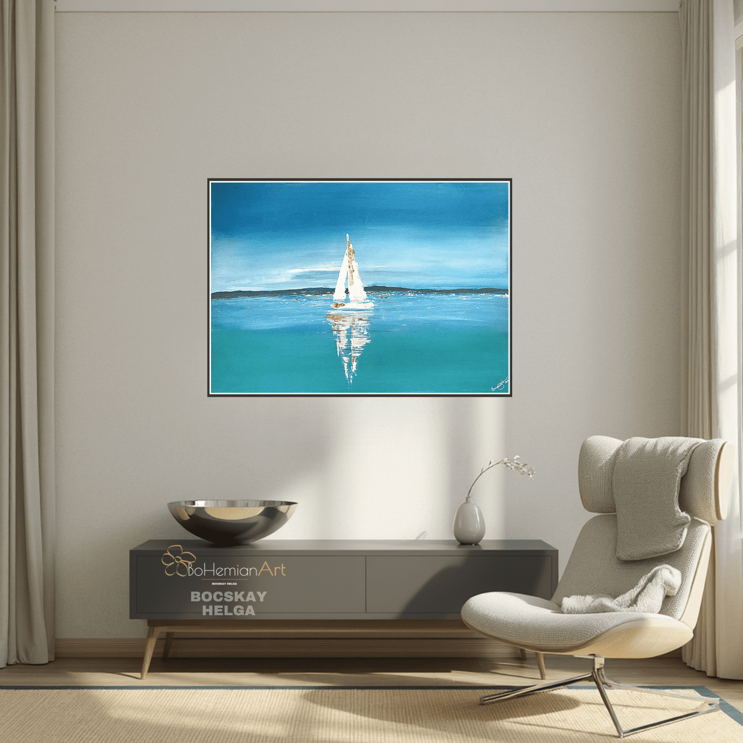 50x70 cm festmény, címe egyedül. Egy hajó a Balaton közepén. BoHemian Art Bocskay Helga