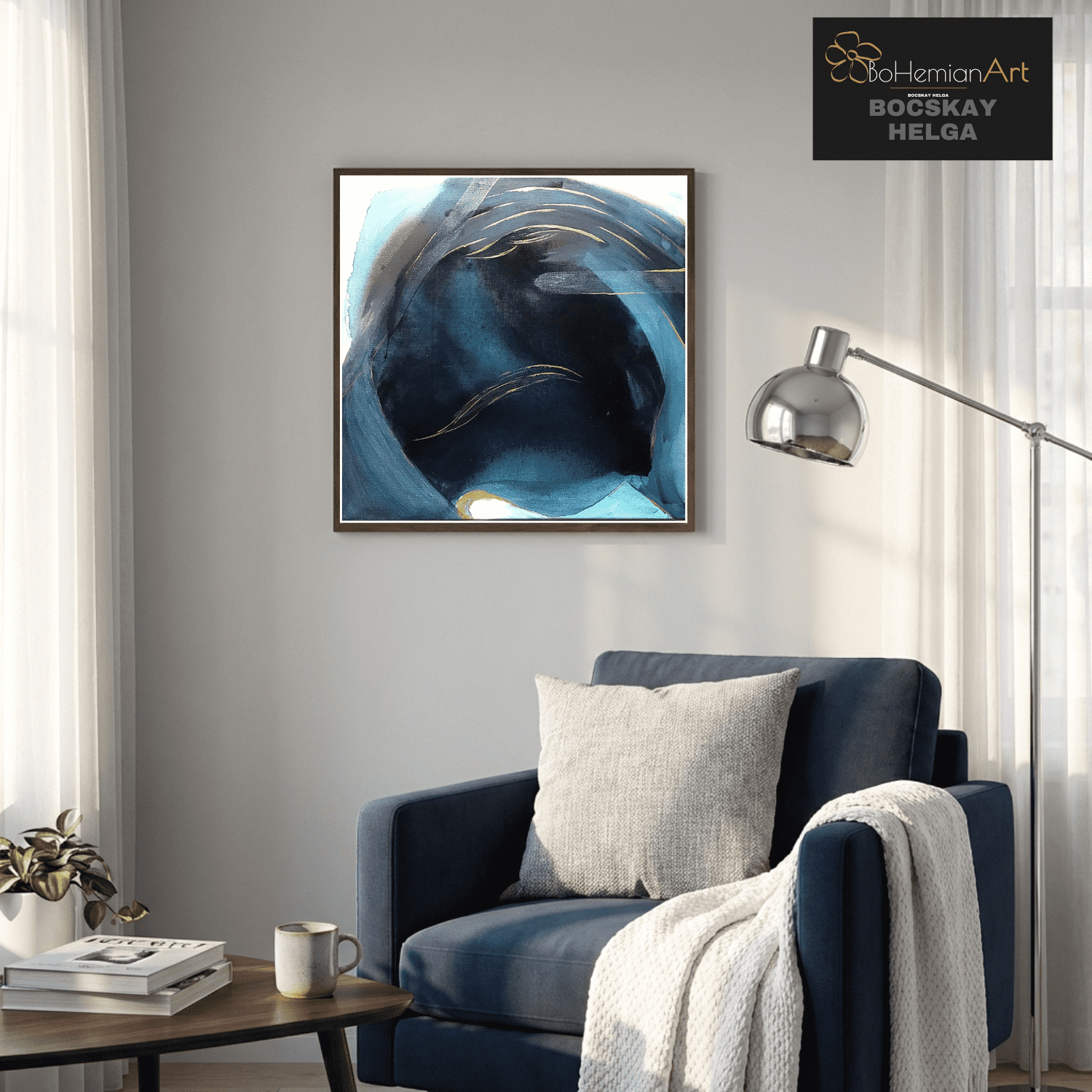 kék árnyalatai fluid art technikával, modern festmény Bocskay Helga